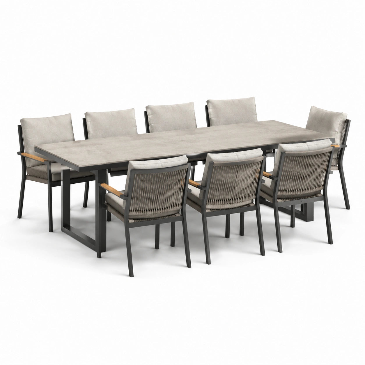 Set da pranzo in metallo e corda 8 posti con tavolo rettangolare