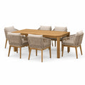 Set da pranzo in legno di teak e corda con 6 sedie beige