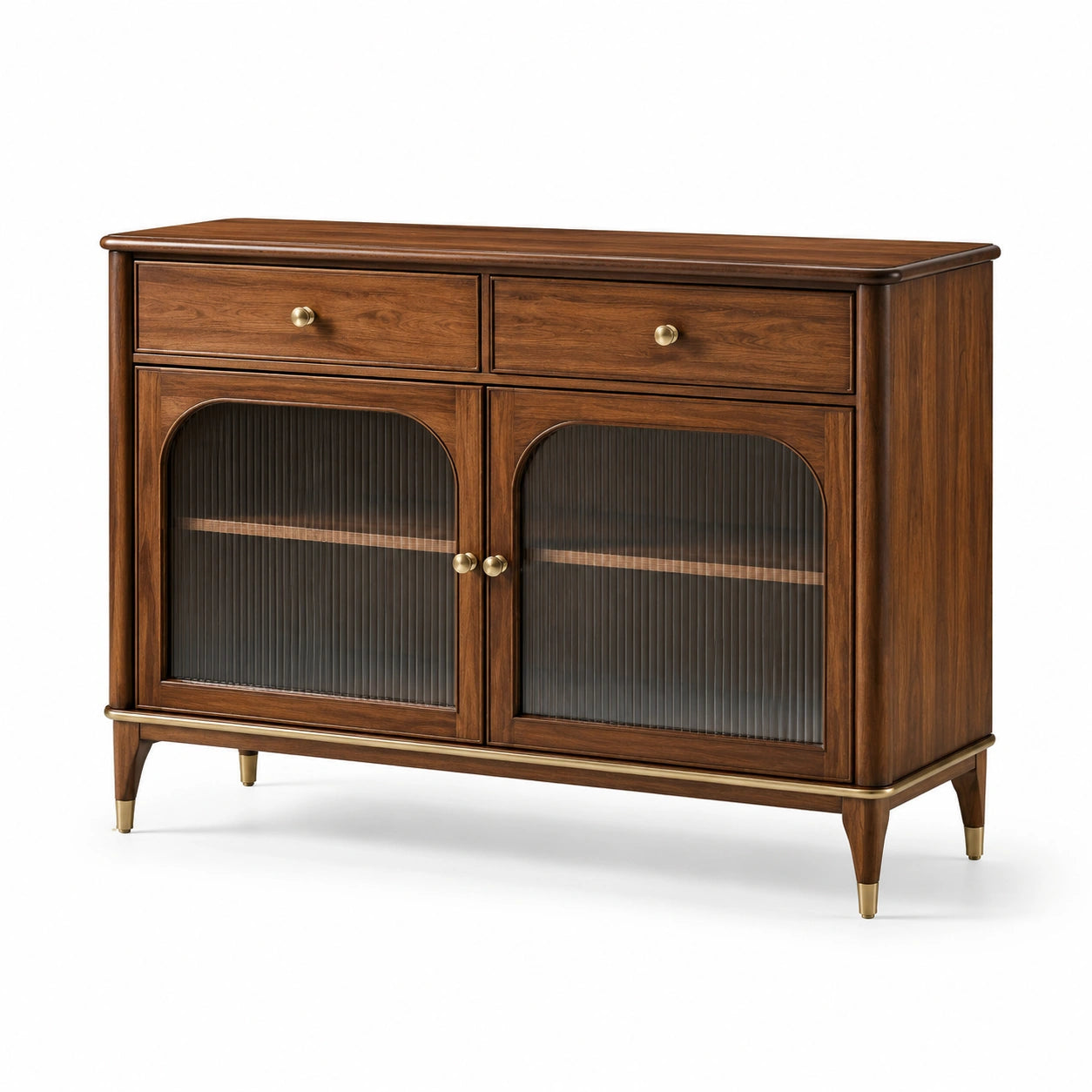 Credenza in legno di noce con ante in vetro smerigliato e cassetti