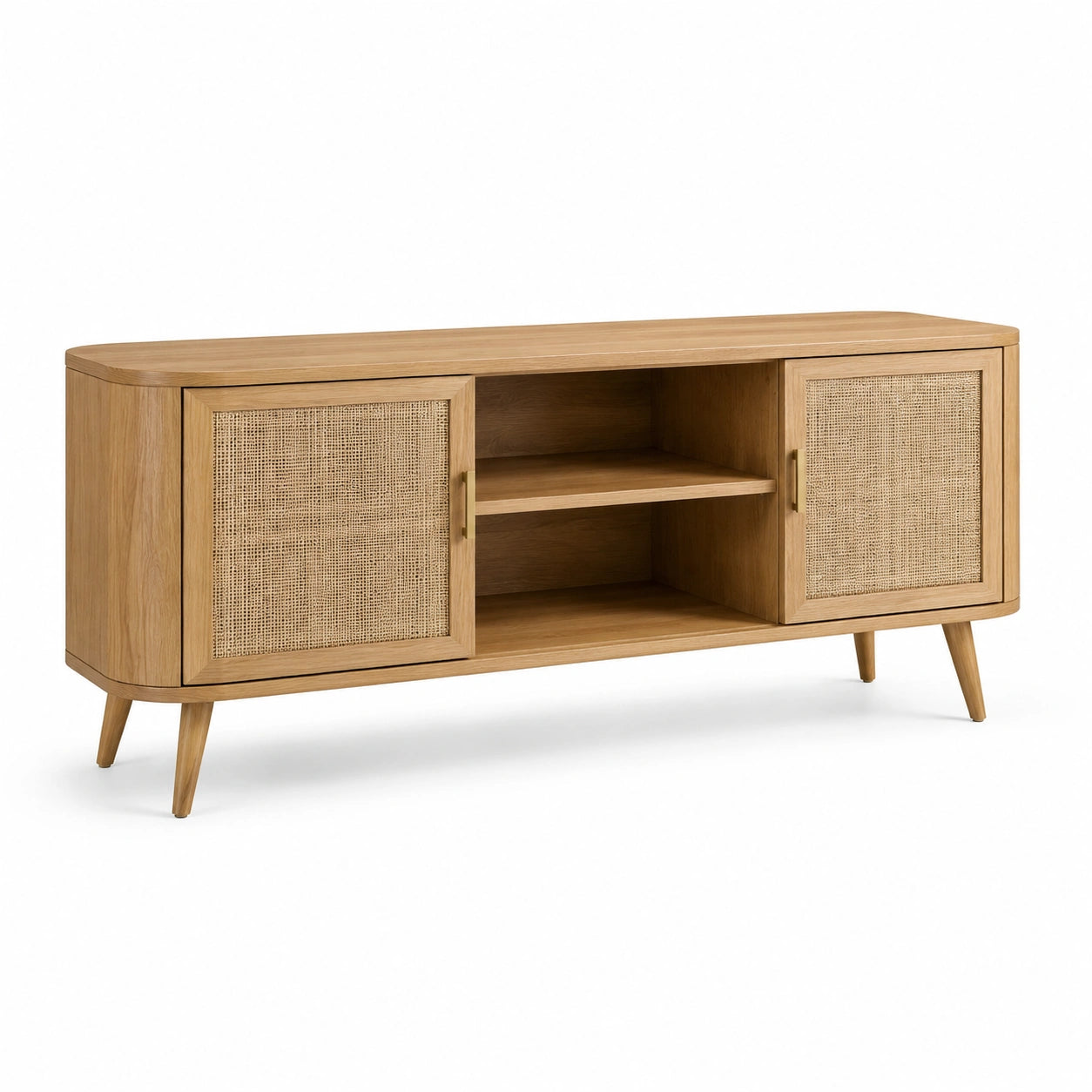 Credenza in legno di rovere con ante in rattan 150x40x60 cm