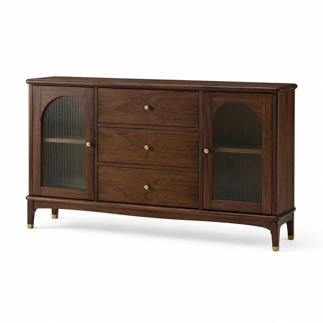 Credenza in legno di noce con vetro temperato e ottone
