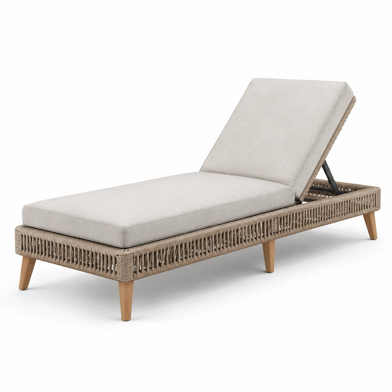 Lettino prendisole in legno con intreccio in corda e cuscini in tessuto beige regolabile