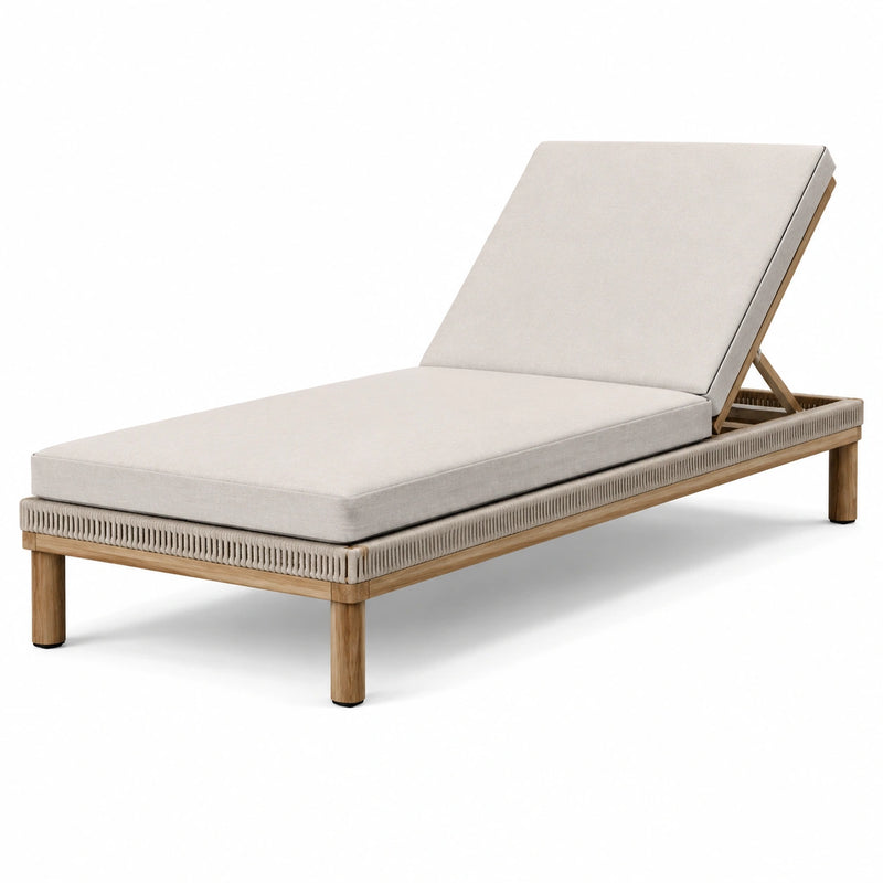 Lettino prendisole in legno beige con cuscini in schiuma e tessuto