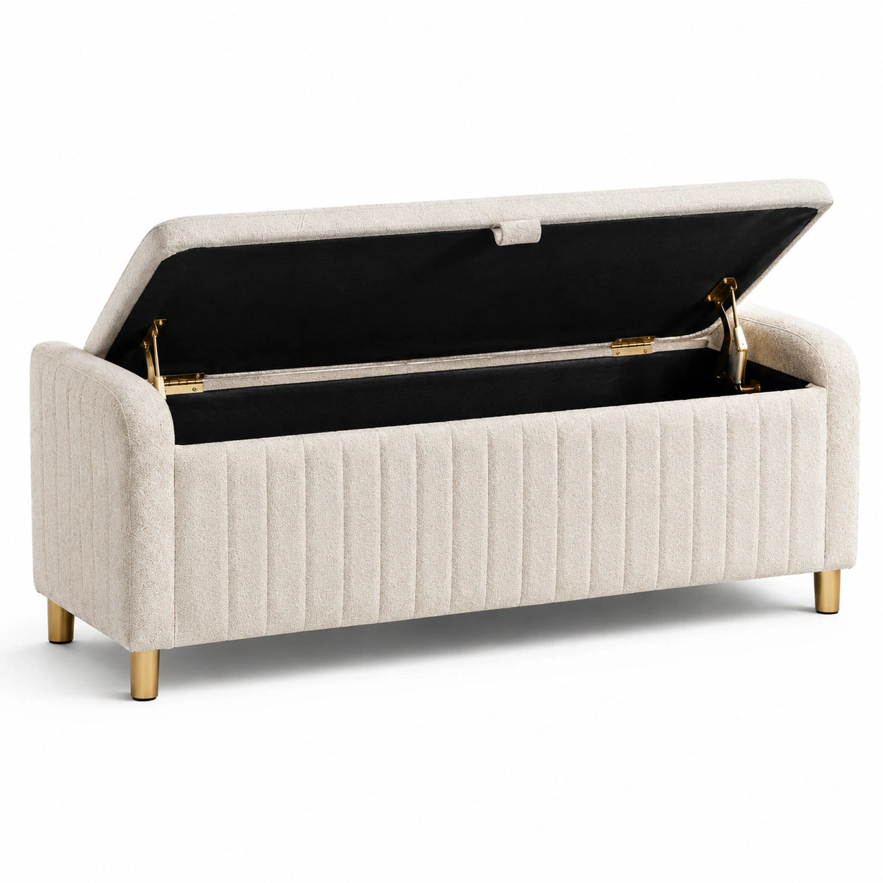 Panca contenitore in legno e tessuto beige con gambe in metallo oro