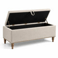Panca contenitore in tessuto beige con gambe in legno 120x40x45 cm
