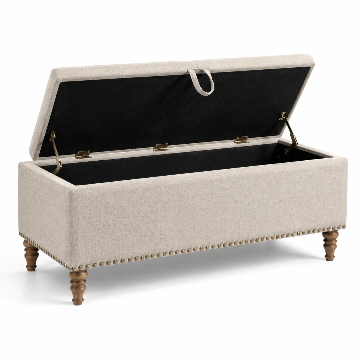 Panca contenitore in tessuto beige con gambe in legno 120x40x45 cm