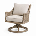 Poltrona girevole in legno e rattan con cuscini in lino beige